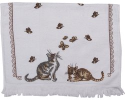 Clayre & Eef Gastendoekje 40x66 cm Wit Bruin Katoen Katten Toilet handdoek