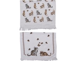 Clayre & Eef Gastendoekje Set van 2 40x66 cm Beige Grijs Katoen Katten Toilet handdoek
