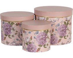 Clayre & Eef Hoedendoos Set van 3 Ø 20x17 / Ø 17x15 / Ø 14x13 cm Roze Karton Bloemen