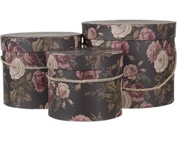 Clayre & Eef Hoedendoos Set van 3 Ø 23x20 cm Zwart Roze Karton Bloemen