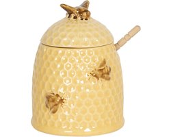 Clayre & Eef Honingpot met Lepel Ø 11x14 cm Geel Keramiek Rond Bijen Voorraadpot Deksel