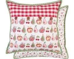 Clayre & Eef - Katoenen - Kussenhoes -  Fruit & ruitjes en houten knopen - 40 x 40 cm