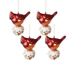 Clayre & Eef Kerstbal Set van 4 Vogel 11x6x11 cm Rood Wit Glas Kerstballen