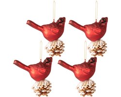 Clayre & Eef Kerstbal Set van 4 Vogel 11x6x12 cm Rood Wit Glas Kerstballen