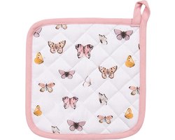 Clayre & Eef Kind Pannenlap 16x16 cm Beige Roze Katoen Vlinders Afgiet Pannenlap