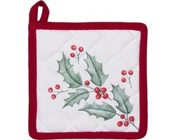 Clayre & Eef Kind Pannenlap 16x16 cm Wit Rood Katoen Hert Hulstbladeren Moeder dochter