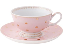 Clayre & Eef Kop en schotel 120 ml Roze Porselein Rond Stippen Servies Cadeau voor haar Cappuccino