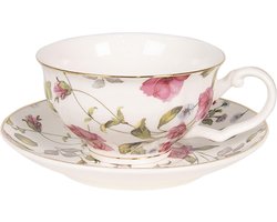Clayre & Eef Kop en Schotel 125 ml Wit Porselein Rond Bloemen Koffiemok