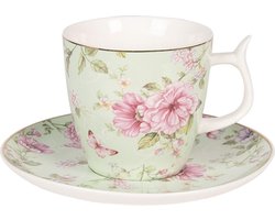 Clayre & Eef Kop en schotel 160 ml Groen Roze Porselein Bloemen Servies