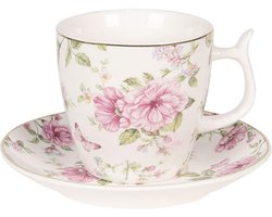 Clayre & Eef Kop en schotel 160 ml Roze Wit Porselein Bloemen Servies