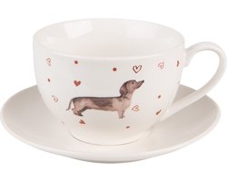 Clayre & Eef Kop en schotel 200 ml Beige Bruin Porselein Rond Teckel Servies