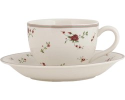 Clayre & Eef Kop en schotel 200 ml Beige Keramiek Rond Bloemen Servies