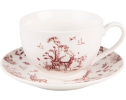 Clayre & Eef Kop en Schotel 200 ml Beige Rood Porselein Rendieren en Bomen