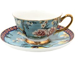 Clayre & Eef Kop en Schotel 200 ml Blauw Goudkleurig Porselein Vogels