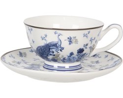 Clayre & Eef Kop en schotel 200 ml Blauw Porselein Rond Bloemen Servies Cadeau voor haar Cappuccino