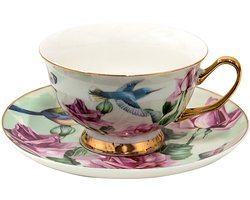 Clayre & Eef Kop en Schotel 200 ml Groen Porselein Bloemen