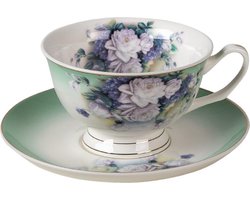 Clayre & Eef Kop en Schotel 200 ml Groen Wit Porselein Bloemen