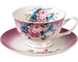 Clayre & Eef Kop en schotel 200 ml Paars Porselein Rond Bloemen Servies