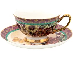 Clayre & Eef Kop en schotel 200 ml Paars Porselein Vlinder Servies