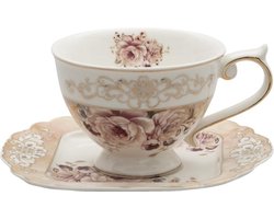 Clayre & Eef Kop en schotel 200 ml Roze Beige Porselein Rond Bloemen Servies