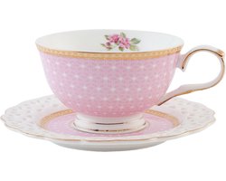 Clayre & Eef Kop en schotel 200 ml Roze Porselein Rond Bloemen Servies