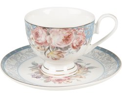 Clayre & Eef Kop en Schotel 200 ml Wit Blauw Porselein Bloemen