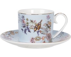 Clayre & Eef Kop en schotel 220 ml Blauw Porselein Rond Bloemen Servies