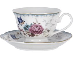 Clayre & Eef Kop en schotel 220 ml Wit Roze Porselein Rond Bloemen Servies