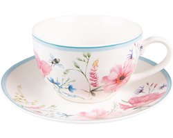 Clayre & Eef Kop en schotel 230 ml Wit Roze Porselein Bloemen Servies