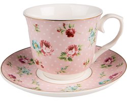 Clayre & Eef Kop en Schotel 250 ml Roze Porselein Bloemen