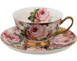 Clayre & Eef Kop en schotel 250 ml Roze Porselein Bloemen Servies