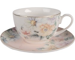 Clayre & Eef Kop en Schotel 250 ml Roze Wit Porselein Bloemen