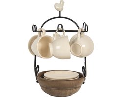 Clayre & Eef Kop en schotel Set van 6 Ø 17x33 cm Beige Keramiek Rond Kip Servies