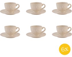 Clayre & Eef Kop en schotel set van 6 stuks schotel 200 ml Beige Keramiek Rond Kip Servies