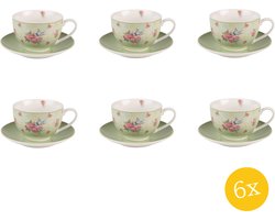 Clayre & Eef Kop en schotel set van 6 stuks schotel 200 ml Groen Beige Porselein Bloemen Servies