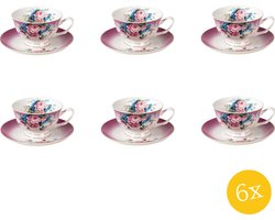 Clayre & Eef Kop en schotel set van 6 stuks schotel 200 ml Paars Porselein Rond Bloemen Servies