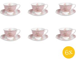 Clayre & Eef Kop en schotel set van 6 stuks schotel 200 ml Roze Wit Porselein Rozen