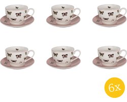 Clayre & Eef Kop en Schotel set van 6 stuks Schotel 200 ml Wit Roze Porselein Vlinders Servies
