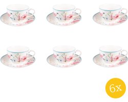 Clayre & Eef Kop en schotel set van 6 stuks schotel 230 ml Wit Roze Porselein Bloemen Servies