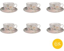 Clayre & Eef Kop en schotel set van 6 stuks schotel 250 ml Roze Wit Porselein Bloemen Servies