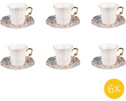 Clayre & Eef Kop en schotel set van 6 stuks schotel 95 ml Wit Beige Porselein Servies