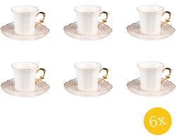 Clayre & Eef Kop en schotel set van 6 stuks schotel 95 ml Wit Goudkleurig Porselein Servies