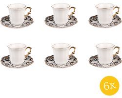 Clayre & Eef Kop en schotel set van 6 stuks schotel 95 ml Wit Zwart Porselein Servies