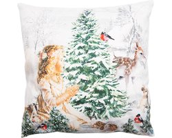 Clayre & Eef Kussenhoes 45x45 cm Wit Groen Polyester Engel Sierkussenhoes