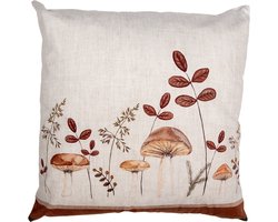 Clayre & Eef Kussenhoes Overig 45x45 cm Beige Polyester Paddenstoelen Herfst decoratie