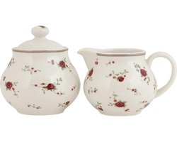 Clayre & Eef Melk en Suiker Set 12x9x8 / Ø 9x10 cm Beige Keramiek Rond Bloemen Melkkannetje