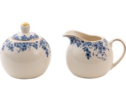Clayre & Eef Melk en Suiker Set Blauw Porselein Bloemen Melkkannetje