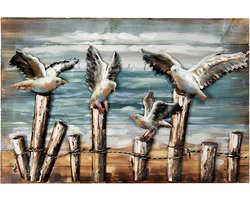 Clayre & Eef Metalen schilderij 75*50 cm Blauw Ijzer Meeuwen Wanddecoratie Muurdecoratie Schilderij