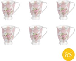 Clayre & Eef Mok set van 6 stuks 300 ml Roze Wit Porselein Rozen Drinkbeker