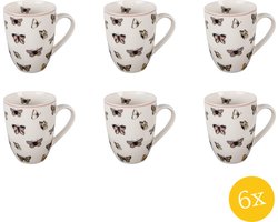 Clayre & Eef Mok set van 6 stuks 350 ml Wit Roze Porselein Vlinders Theemok
